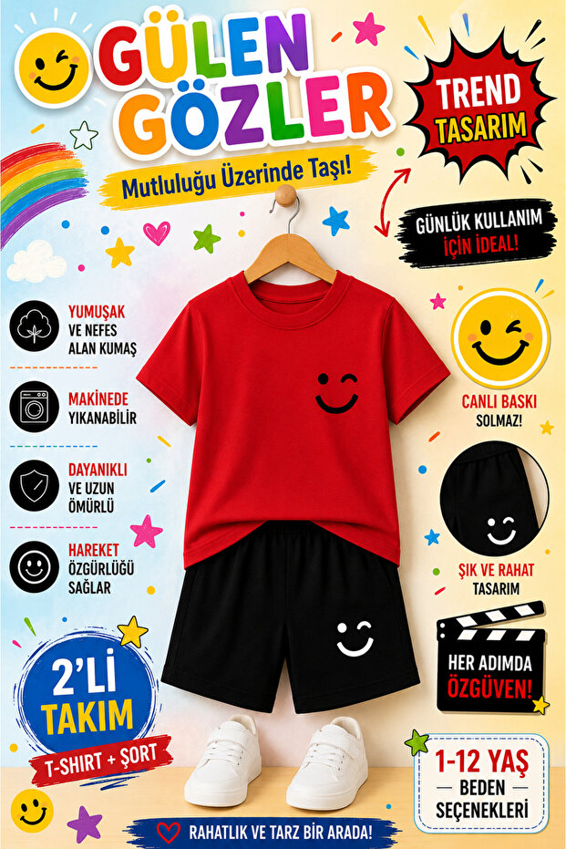 🌈 Smile Printed Smiling Eyes Kids Set – T-Shirt & Shorts 2-Piece Combination | Trendy Summer Set for Ages 1-12