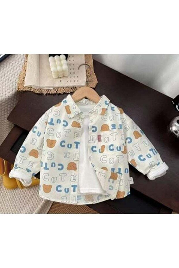 Kids Collar Shirt, White with Cute Bear Print, Long Sleeve, Collared Button-Down, For Girls and Boys, 100% Cotton Shirt