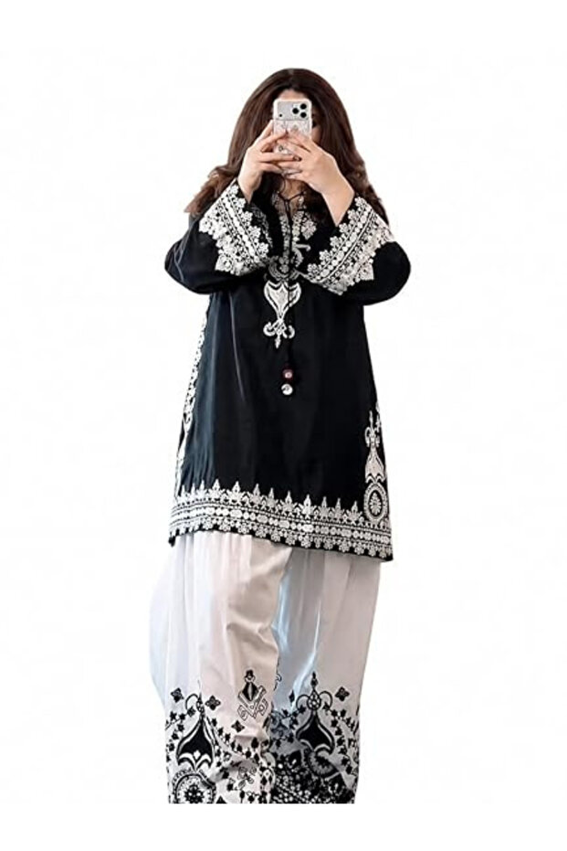 Black & White Embroidered Crepe Silk Kurta Set - FFT7878 | White-Black-Size:L-40-Inches
