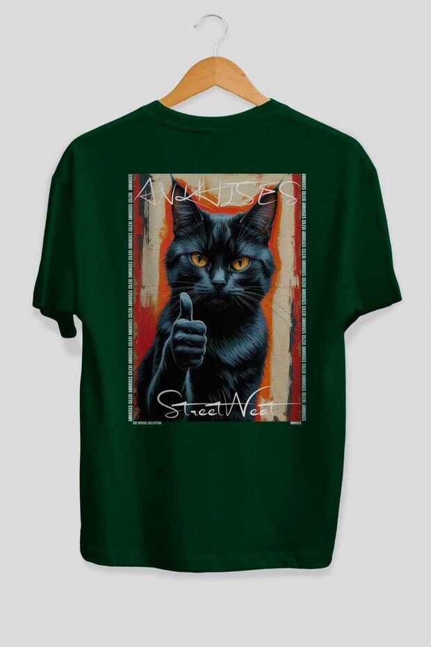 For the Love of Cats 58 Cats Printed Green Oversize T-Shirt 100% Cotton Unisex Cat Lover Premium Design