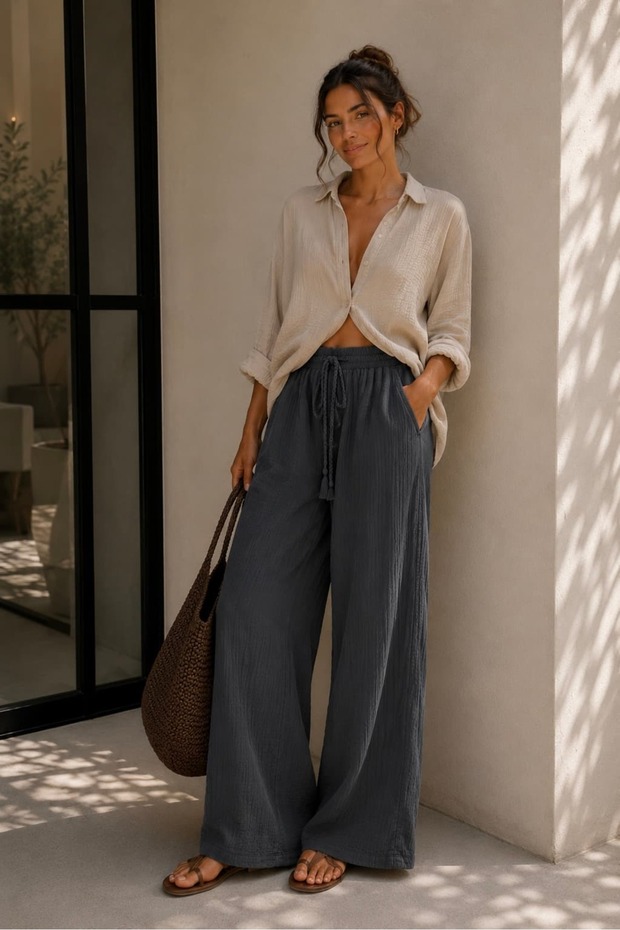 100% Cotton Muslin Fabric Wide Leg Women's Trousers My3535