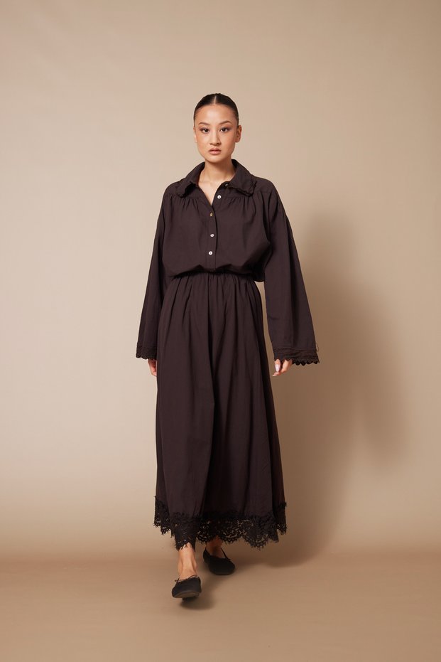 Fisto Detailed Elastic Waist Long Cotton Skirt Brown