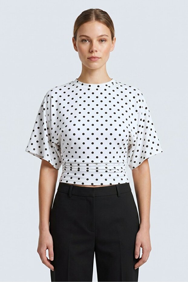 White Polka Dot Crew Neck Gathered Waist Bat Sleeve Crop Blouse