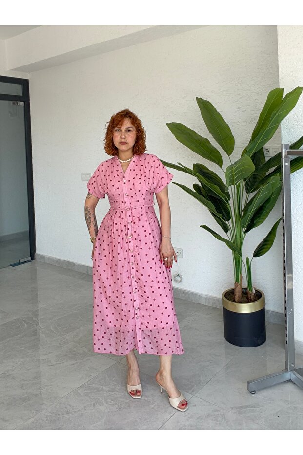 Premium Polka Dot Patterned Maxi Shirt Dress