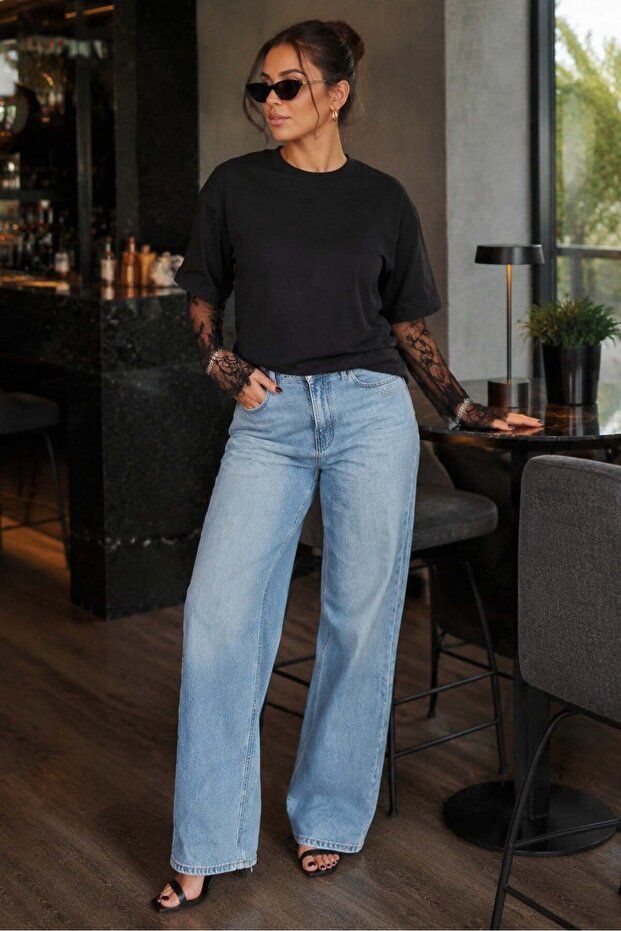 Black Lace Sleeve Basic T-Shirt Mg2808