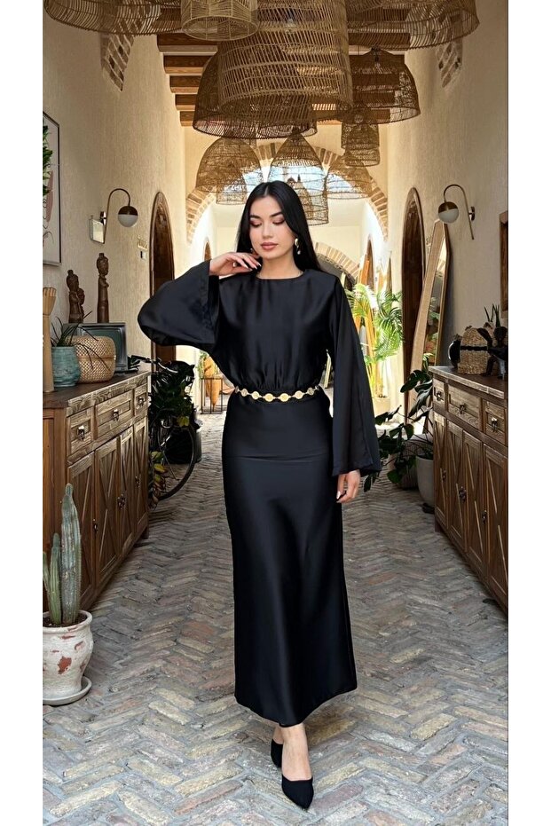 Satin Dress with Chain Detail and Bat Sleeves