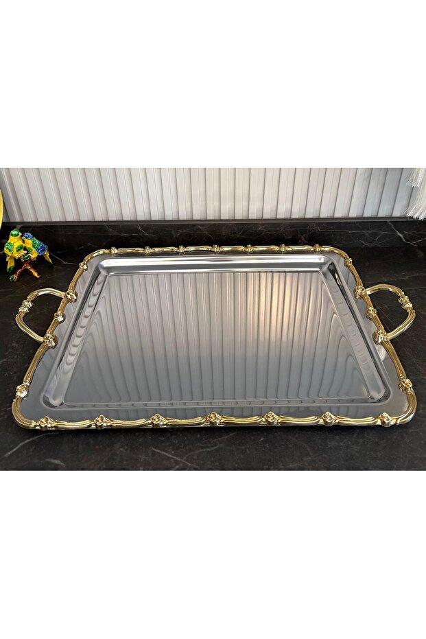 Rose Frame Tea Tray with Handles Silver-Gold - Cast 44 cm Rectangular for 6 People (Tray Only)