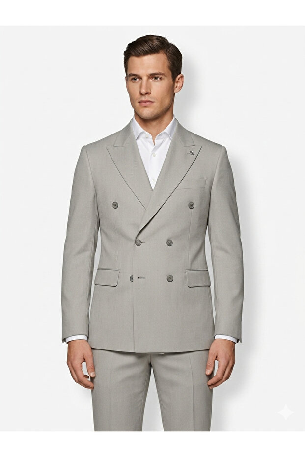 Men's Stone Color Double-Breasted Suit - Slim Fit Striped Textured Six-Button Pocket Suit