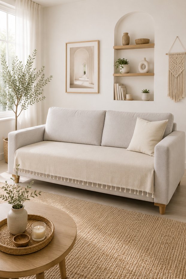 Cream Tasseled Sofa Cover—Bohemian Decorative Cover for Sofas, Chairs, and Seating Areas
