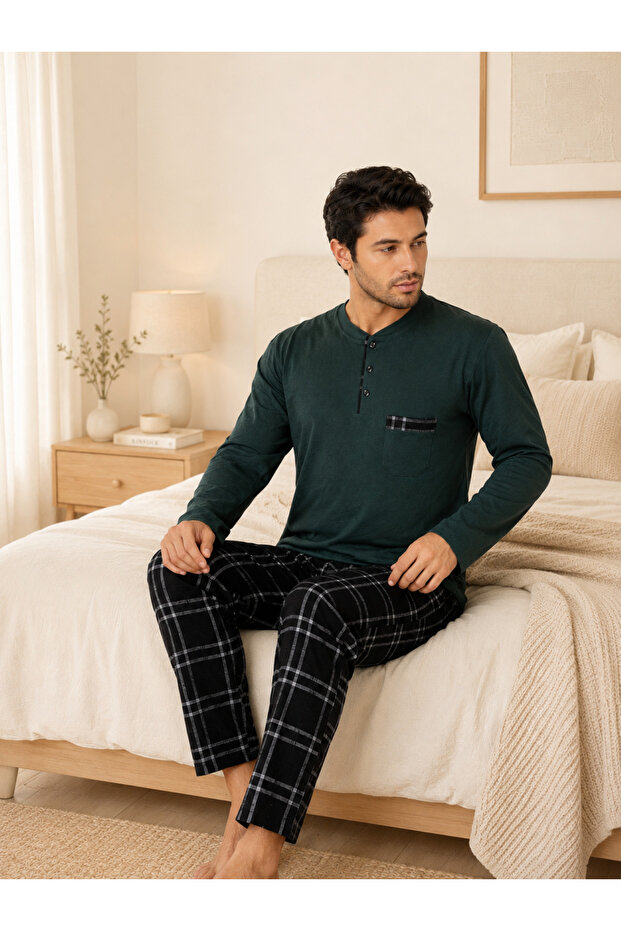 Premium Men's 100% Natural Cotton Plaid High Quality Buttoned Pocket Long Sleeve Pajama Set