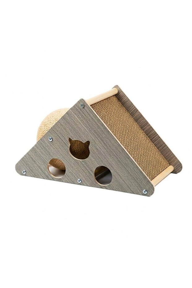 Multi-Functional Triangle Cat Scratcher House with Sisal Ball Toy, Corrugated Cardboard Scratch Pad