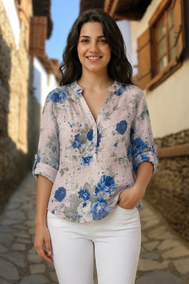 Women's Multi-Colored Patterned Italian Style Half-Button Judge Collar Blouse