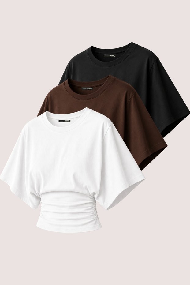 Ghassyco 3-Pack Women's 100% Cotton Stretchy Bat Sleeve Fitted Waist Crew Neck Summer Combed Cotton Sports T-Shirt