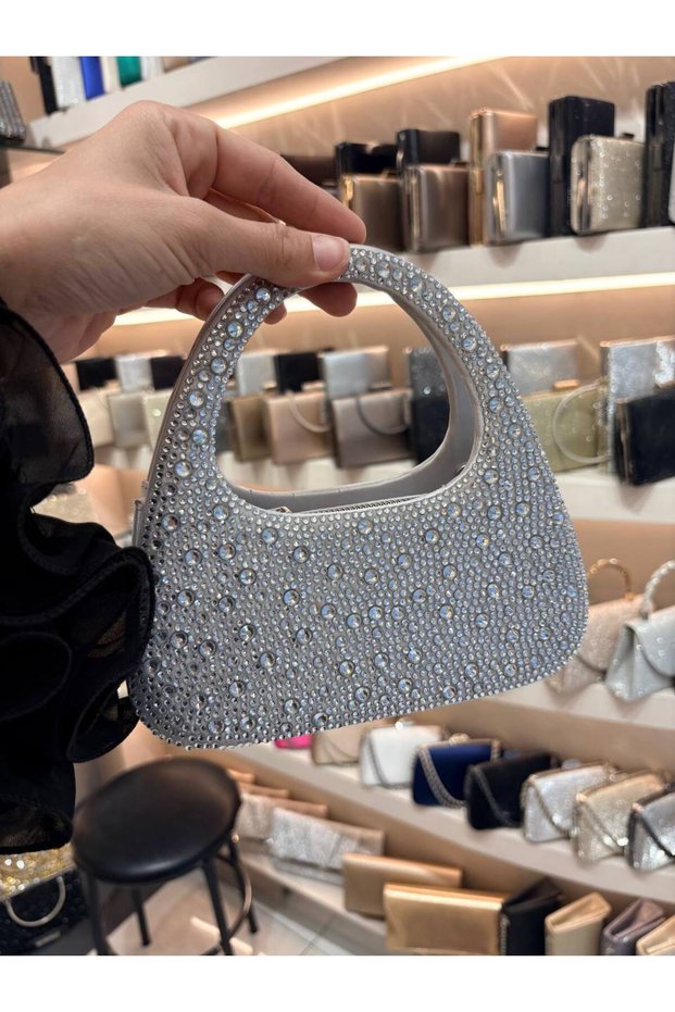 Women's Stone Detailed Satin Evening Dress Bag 19 cm Height 20 cm Width