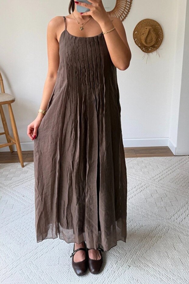 Pliated Collar Strappy Long Dress 3413