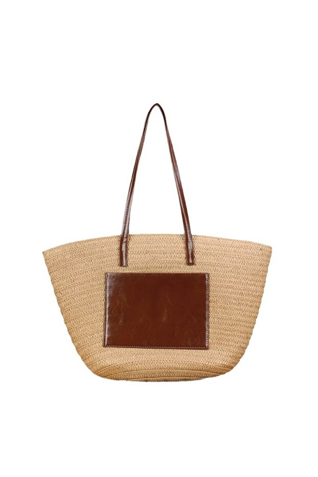Minimal Solid Straw Woven Tote Bag PU Patch Large Capacity Summer Beach Shoulder Bag