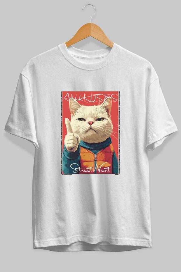 For the Love of Cats 59 Front Cat Printed White Oversize T-Shirt 100% Cotton Unisex Cat Lover Premium Design
