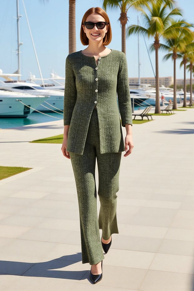 Women's Silvery Knitwear Set, Crew Neck, Buttoned, Long Sleeve, Thin Textured, Comfortable, Casual, Modern, Stylish