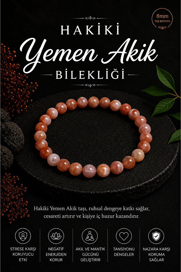Certified 8mm Genuine Yemen Agate Bracelet (20-21 cm)