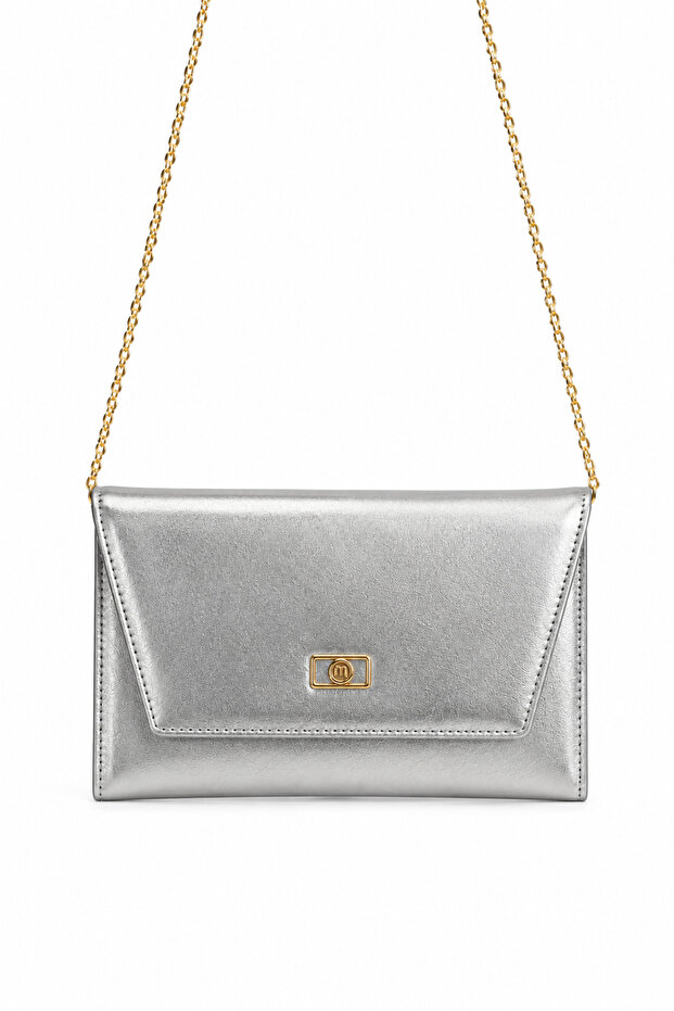 Silver Women's Evening Bag with Chain Strap, Portfolio Clutch and Shoulder Bag