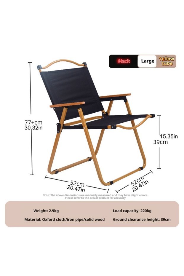 Folding Camping Chair, Portable Kermit Chair with Solid Wood Armrests, 220kg Load Capacity, for Outdoor, Picnic, Fishing, Patio
