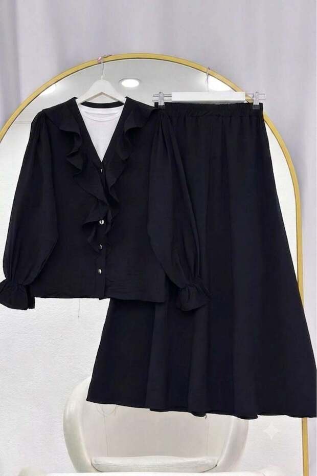 Ruffle Collar Buttoned Sleeve Gathered Skirt Suit Black