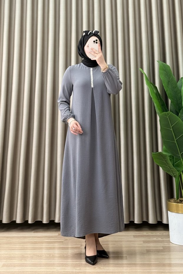 Zülal Elbi̇se Ayrobin Fabric Women's Gray Collar with Stone Detail, Comfortable Cut, Stylish Dress