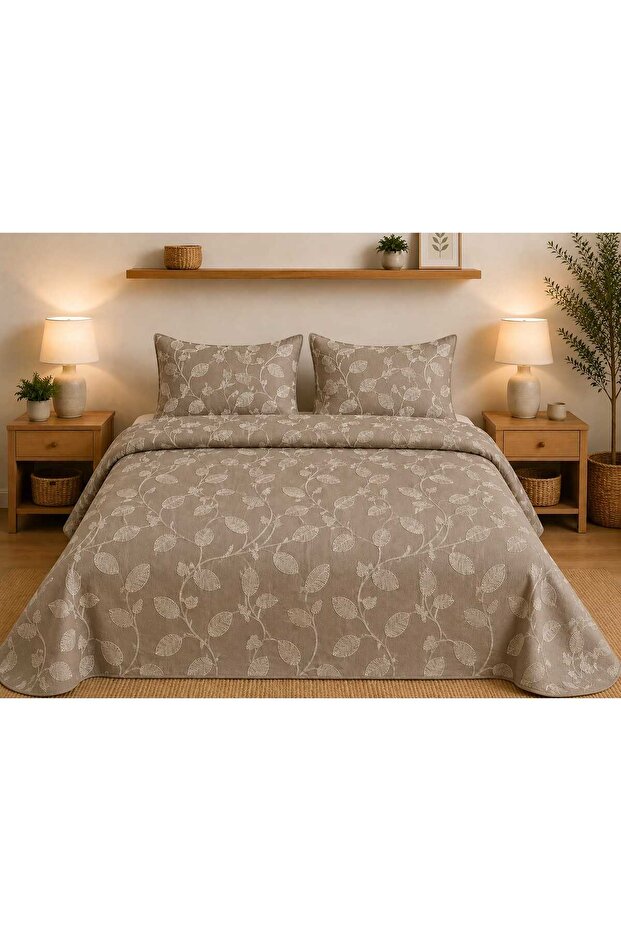 Leaf Embroidered Luxury Bedspread 240X260 cm Double Size