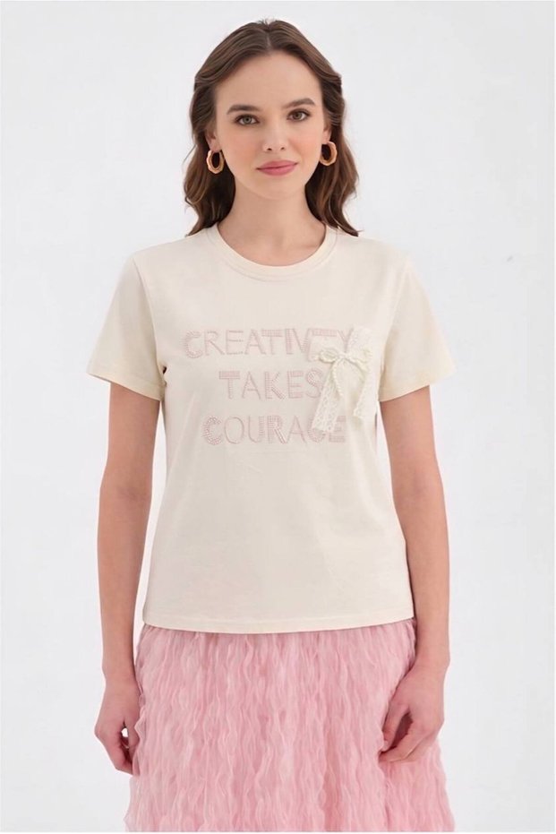 Women's 100% cotton t-shirt with embroidery and lace bow detail design
