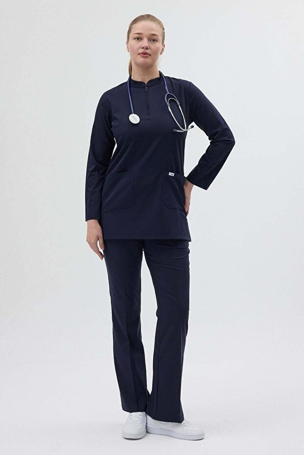 Dark Navy Blue Tunic Length Bell Bottom Scrubs