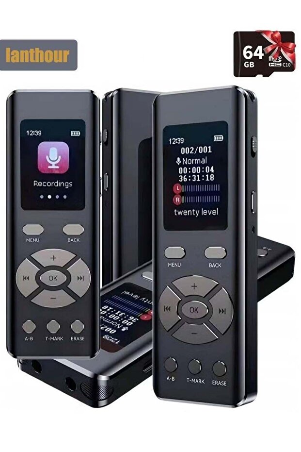 مسجل صوت رقمي احترافي بسعة 64 جيجابايت، تسجيل MP3 بدقة 1536 كيلوبت في الثانية، تسجيل تلقائي مع تنشيط الصوت