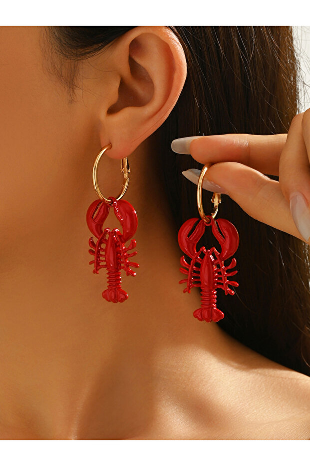 Gold Hoop Earrings with Red Lobster Charms