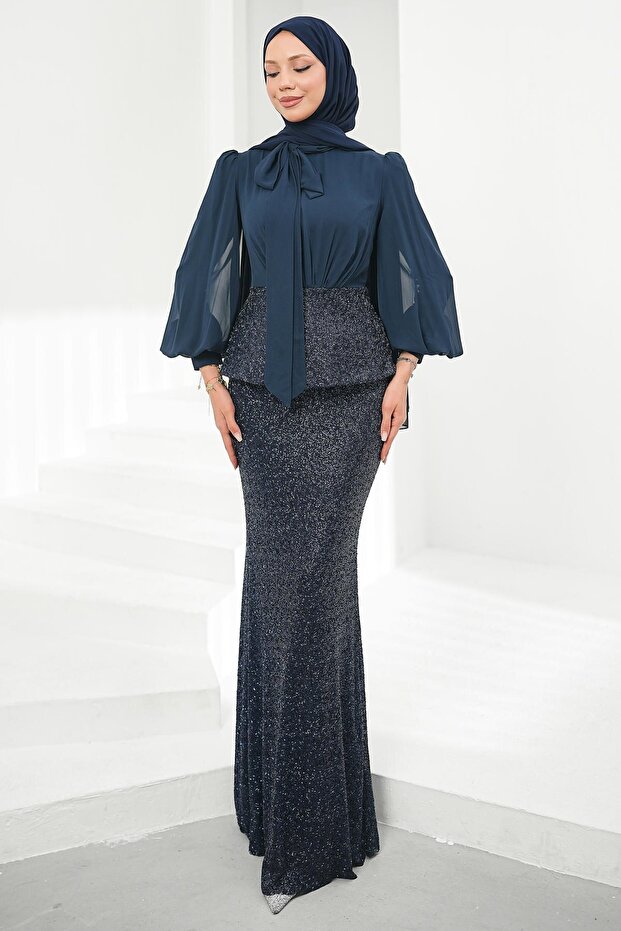 Navy Blue Beaded Embroidered Skirt Evening Dress Set