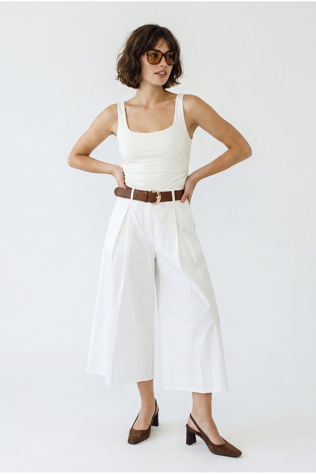 Women's White High Waist Pleated Detailed Wide Leg Culotte Trousers Dp261038 60286319