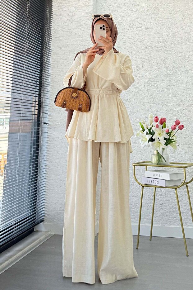 Premium Linen Velora Trousers Set - Cream