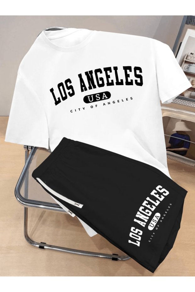 Special Design Los Angeles Printed Men's Premium Oversize Top and Bottom Set T-Shirt and Shorts Set