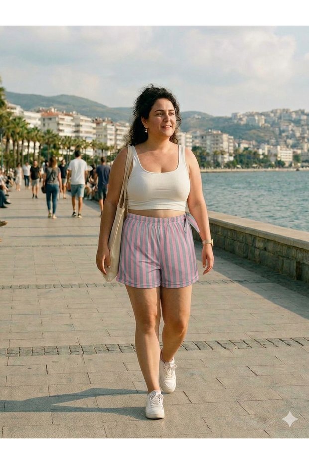 Pink-Grey Striped, Elastic Waist, Stylish Milan Shorts with Bow
