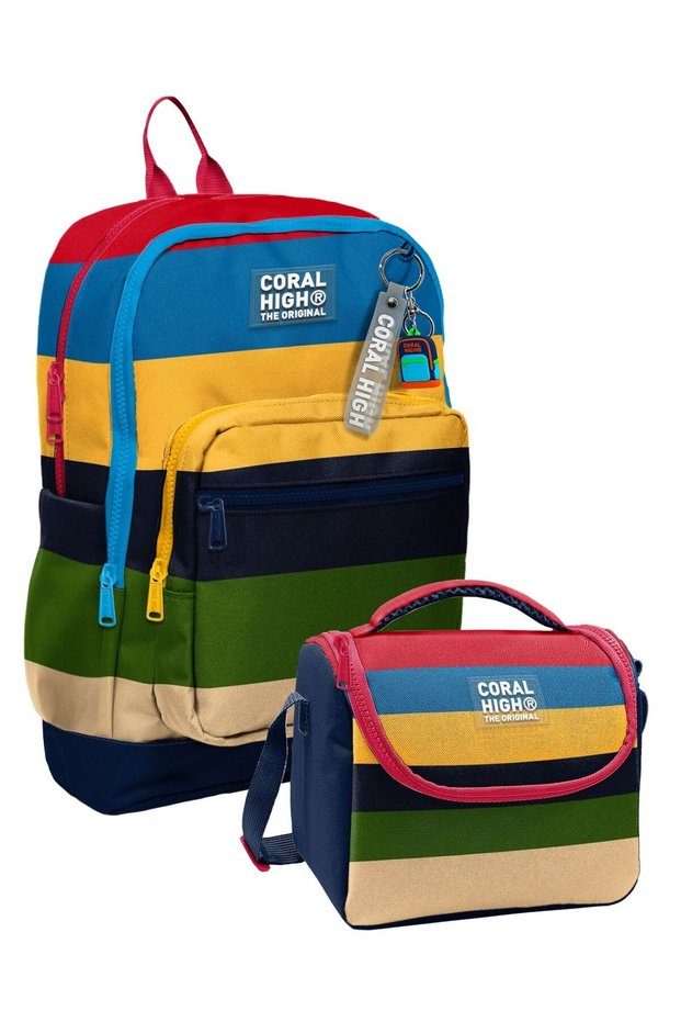 Multi-Colored Stripe Patterned Boys' Backpack and Lunchbox Set (4-Compartment Backpack)