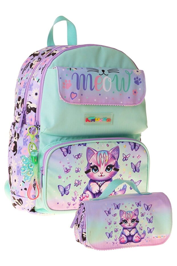Kids Meow Green - Purple Girls' Elementary School Backpack and Pencil Bag Set - Setkk-L5288C