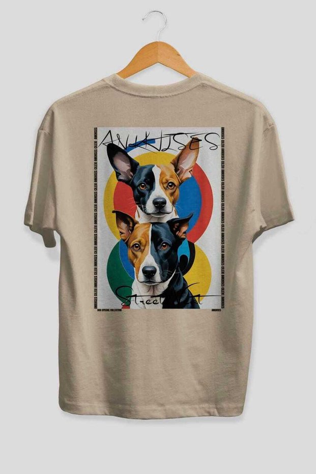 For Dog Lovers 56 Back Dog Print Beige Oversize T-Shirt 100% Cotton Unisex Dog Lover Premium Design