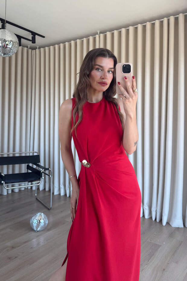 Red Gathered Waist Dress with Buckle Detail and Slit