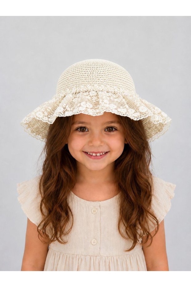 Girl's Lace Detailed Straw Hat Summer Sun Protection Beach Hat Cream