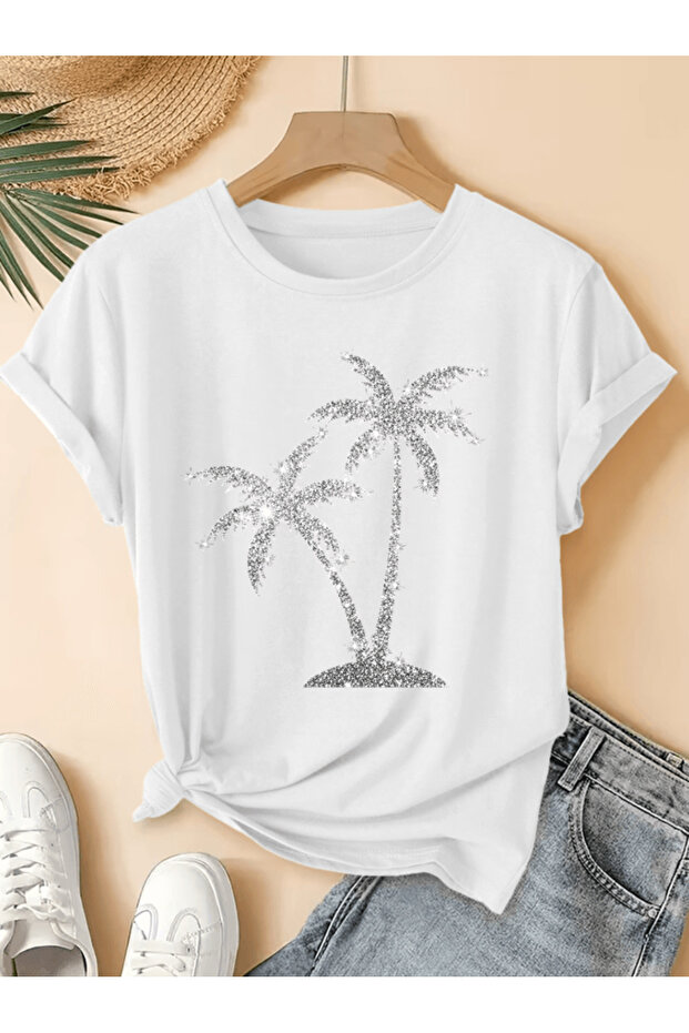 Pearl detail palm tree printed premium oversize t-shirt for women