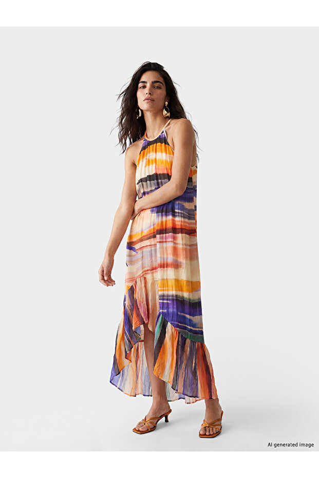 Peak New Season Halter Neck Patterned Ruffle Dress