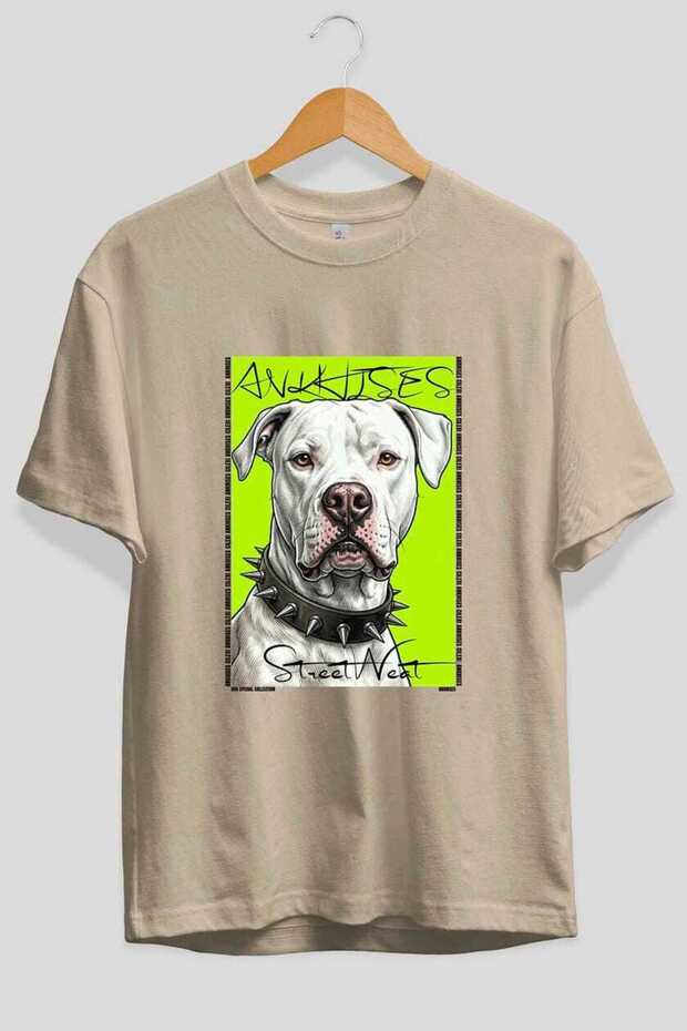 For Dog Lovers 52 Front Dog Printed Beige Oversize T-Shirt 100% Cotton Unisex Dog Lover Premium Design