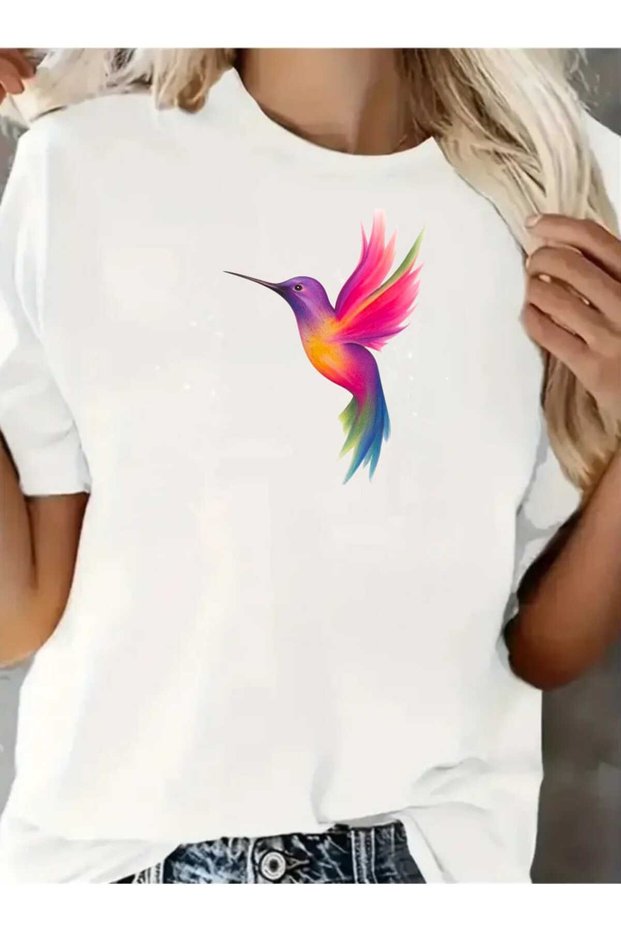 Women's Colorful Bird Print Design Tshirt