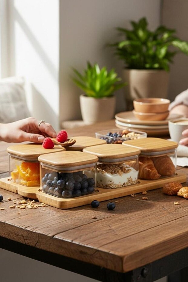 Glass Breakfast Presentation Set with 6 Bamboo Trays, Breakfast Set