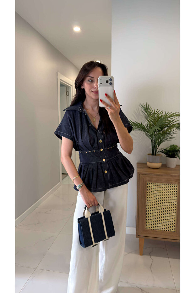Yotles Navy Blue Buttoned Denim Shirt
