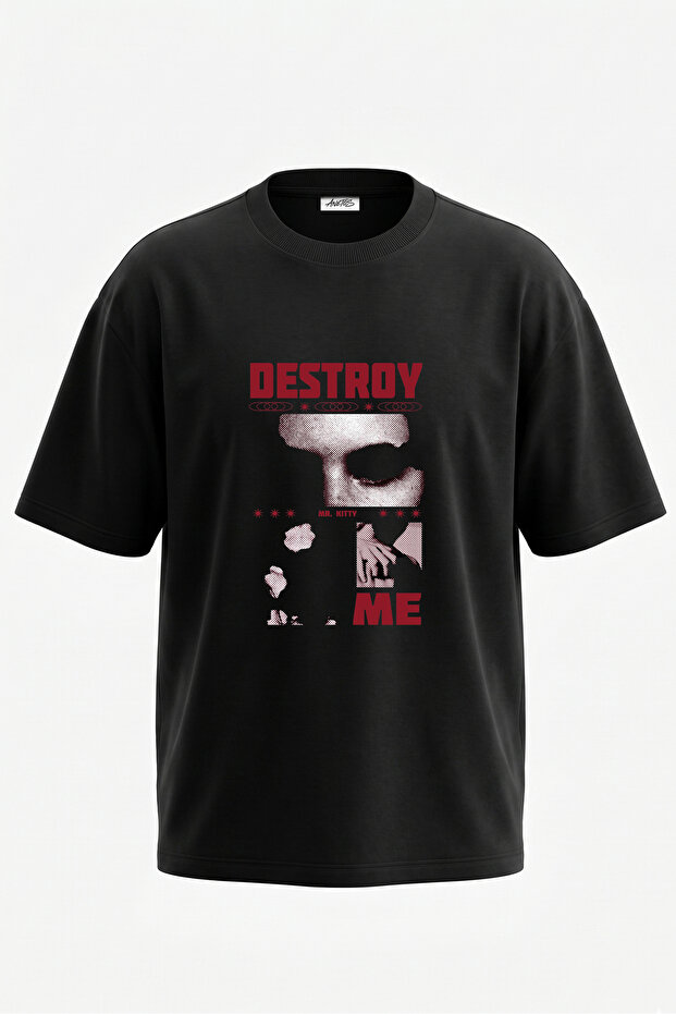 Mr Kitty Design Back Printed Cotton Black Oversize T-Shirt