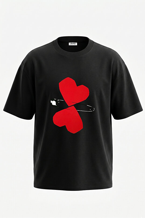 Heart Safety Pin Design Back Printed Cotton Black Oversize T-Shirt